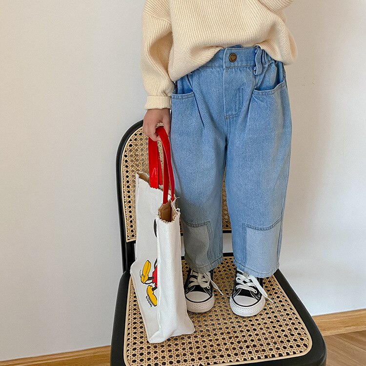 1-7 Years Autumn Girls Patched Jeans Boys Patchwork Denim Pants Kids Trousers