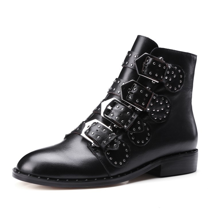 Bottines en Faux cuir à Rivets, sangles à boucle, talon épais, bottines noires pour femmes, bottes de moto décorées de clous: 42