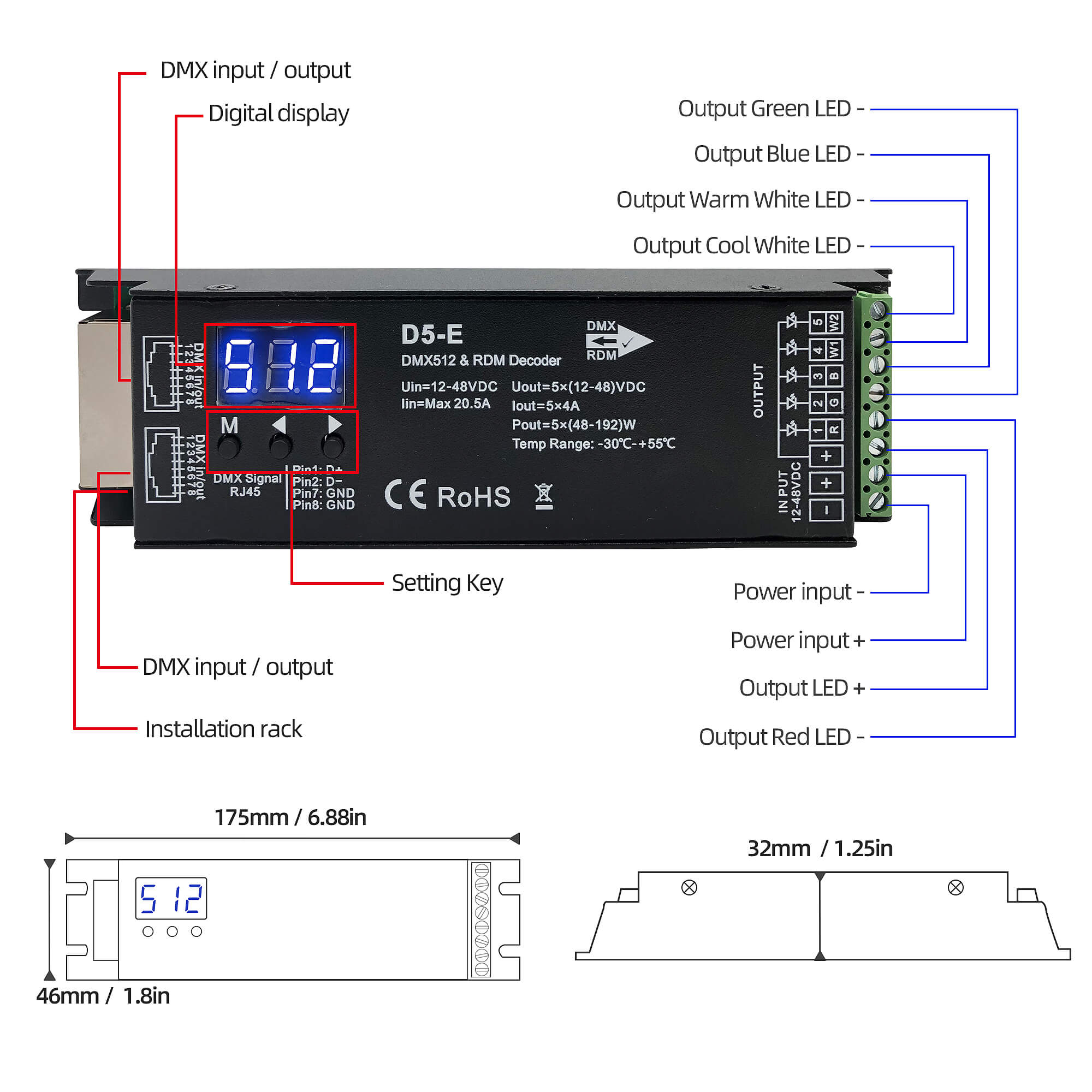 5 Channel DMX512 Decoder Dimmer Driver PWM LED Controller for DC12V-48V with RDM Digital Display for RGBCCT,RGBWW,RGBW Light