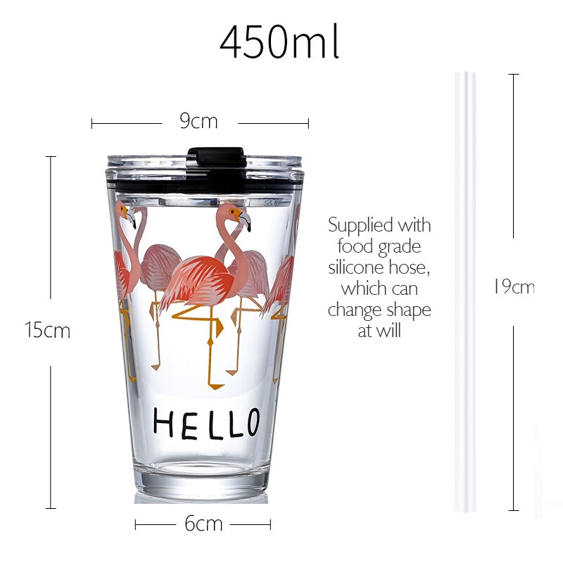 Vaso graduado de cristal con pajita, taza de leche, Graffiti, 450ml, juego de: Flamingo style
