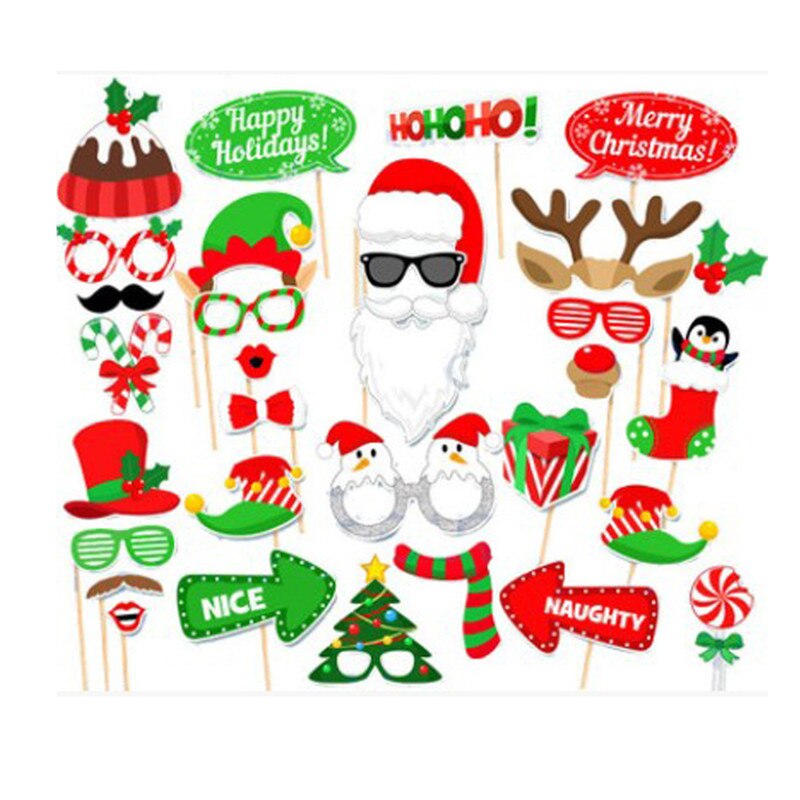 Kit de accesorios para photocall navideño de 32 Uds., feliz Cartel de Navidad, sombrero de Papá Noel, asta para Barba, adorno para el discurso, vacaciones, reunión familiar, decoración para