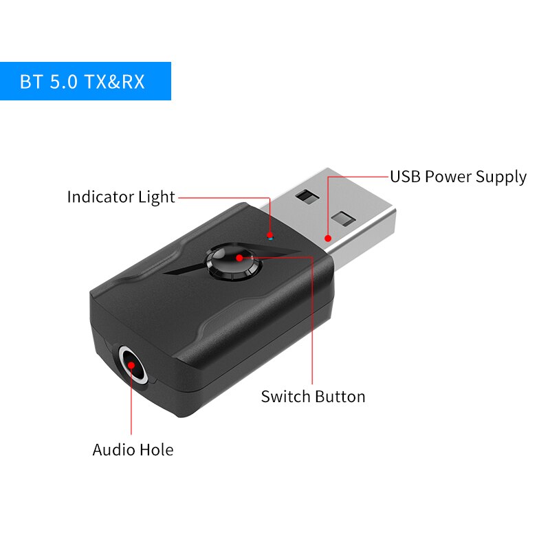 EasyULT Bluetooth 5.0-adapter – Zender/ontvanger 3-in-1 – 3,5 Mm Aux – Voor TV, PC, Hoofdtelefoon, Auto – Zwart