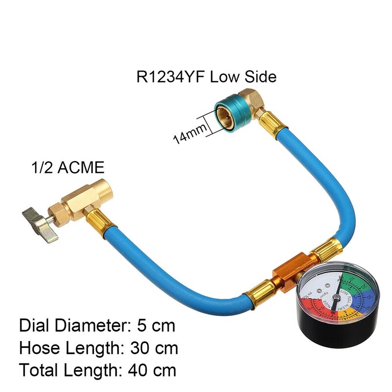R1234YF Kit de tuyau de charge de réfrigérant, jauge de réfrigérant R1234yf avec ouvre-boîte auto-scellant R1234YF 1,27 cm gauche, 90 degrés R1234YF coupleur rapide côté bas, tuyau de recharge AC de