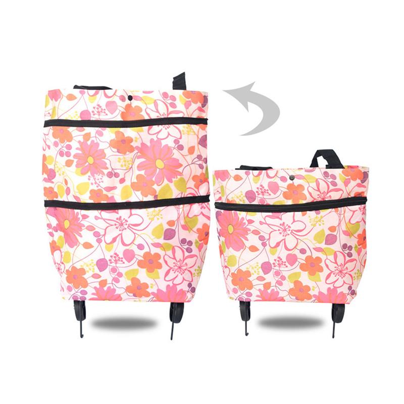 2 In 1 Foldable Shopping Cart Collapsible Two-Stage Zipper Folding Shopping Bag With Wheels Foldable organizador: PURPLE