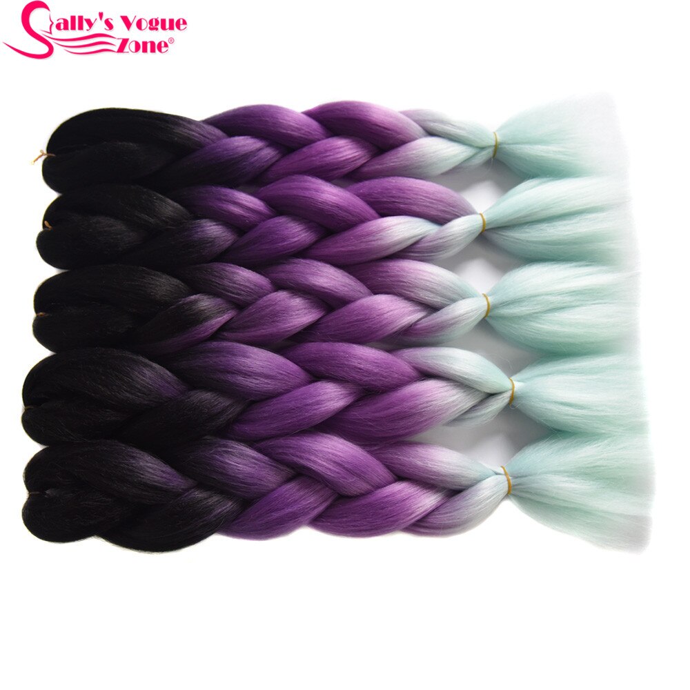 Sallyhair 24inch Ombre 3 Tone Black Purple Silver Grey Color Synthetic Braiding Hair Extension Colored Bulk Hair