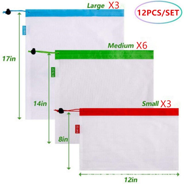 Reusable Produce Bags 12/9/3PCS Fruit Stitching Mesh Bag Nylon Mesh Bags For Fruit Vegetable Grocery Shopping Stitched Mesh Bag: 3Large6medium3small