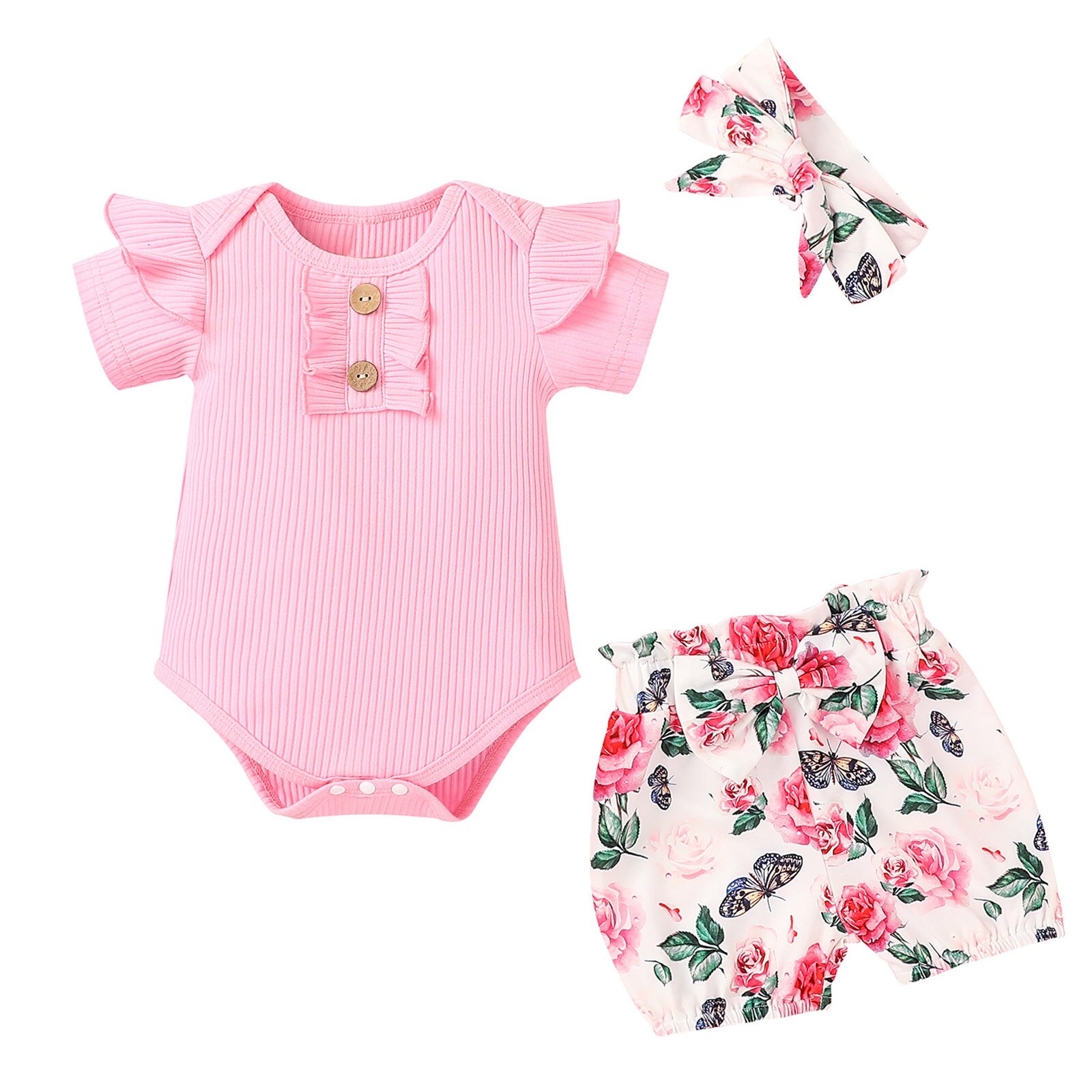 Vêtements d'été à la pour bébés filles, barboteuse à manches courtes à volants + Short imprimé floral + ornement de cheveux à nœud, 3 pièces: Rose / 9M