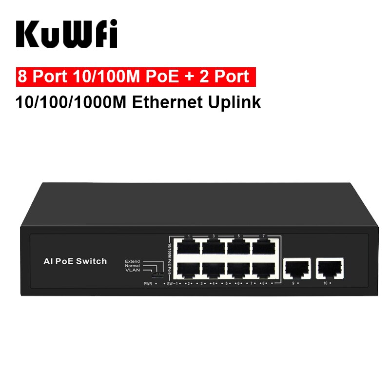 Uplink Ethernet 10/100M POE 2 porte 10/100/1000M a 8 porte con VLAN estendere Switch di rete 250m per telecamera IP CCTV Wireless