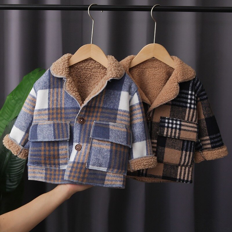 Vestes d'hiver à carreaux coréens pour garçons, manteaux chauds pour bébés garçons, à la , Plus vestes épaisses en velours, vêtements d'extérieur pour tout-petits,