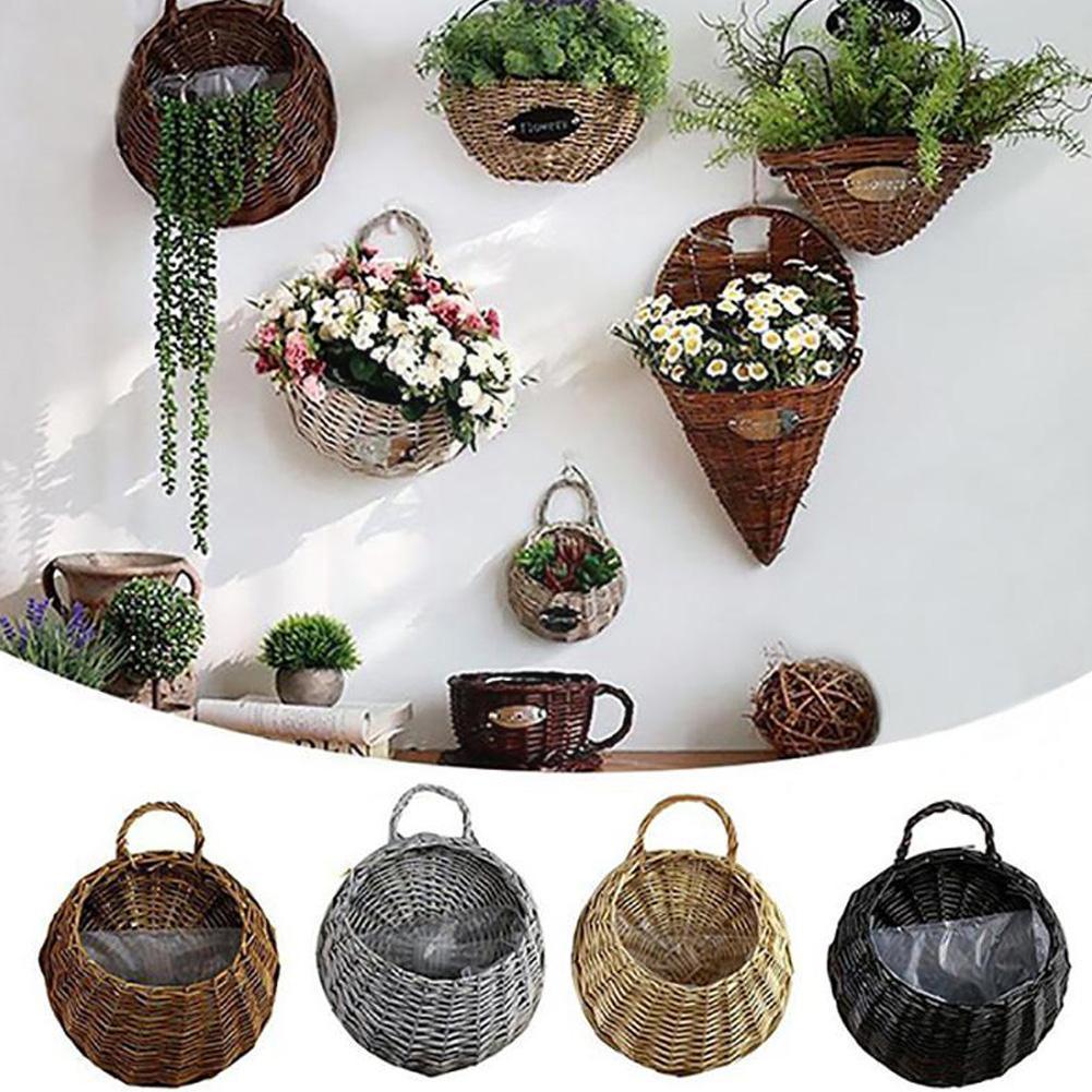 Flower Basket Wall Hanging Natural Wicker Flower Pot Home Rattan Basket Planter Container Decoration Vase Wall Storage Gard N0f8
