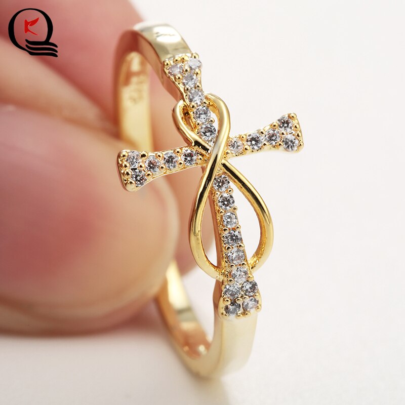 Classic Gold Color Cross Inlay White Crystal Rhinestone Finger Ring Women Engagement Wedding Party Jewelry Size 6 7 8 9 10 11