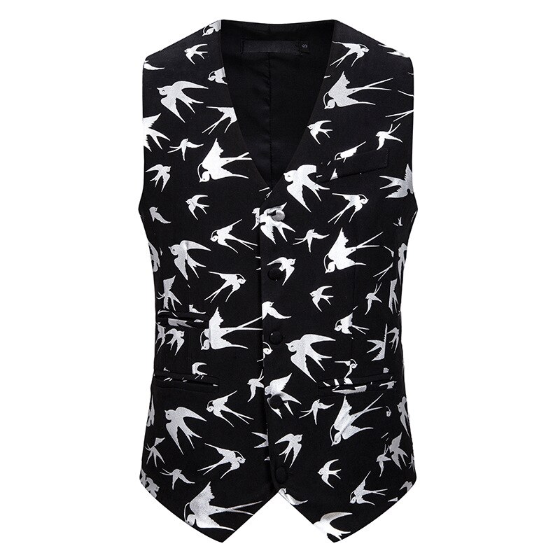 Gilet de costume simple boutonnage à col en v pour homme, style hipster, imprimé mouches et oiseaux, gilet de smoking pour homme, gilet de robe de mariée: Mèche / Xxl