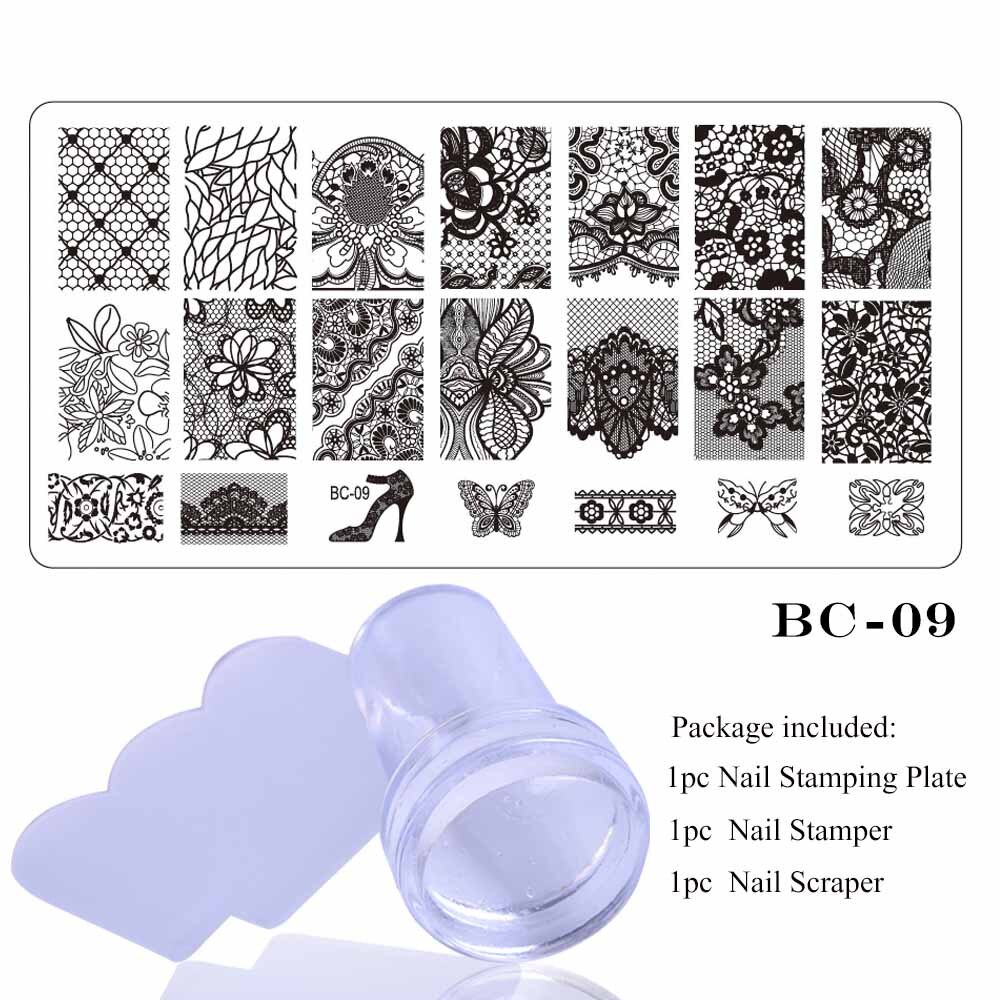 1 sæt blonde stempelplade til nail art blomst 3d overførselstryk stencil stamper skraber manicure stempel værktøj chbc 01-20: Bc09