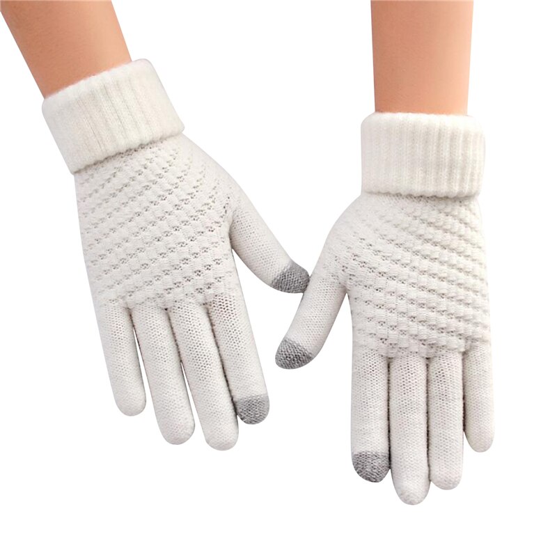 Winter touchscreen handschoenen dames heren warme stretch gebreide wanten imitatie wol lange vinger handschoenen dames haakwerk dikker: Wit