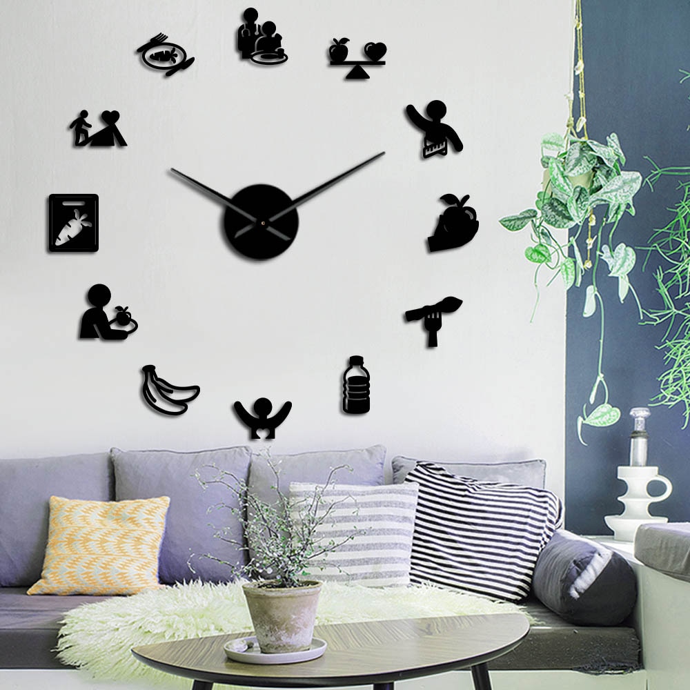 Voedingszorg, gezonde voeding, voedingsdeskundige, wandkunst, hangende wandklok, doe-het-zelf spiegelstickers, keuken, eetkamer, stille muur, horloge