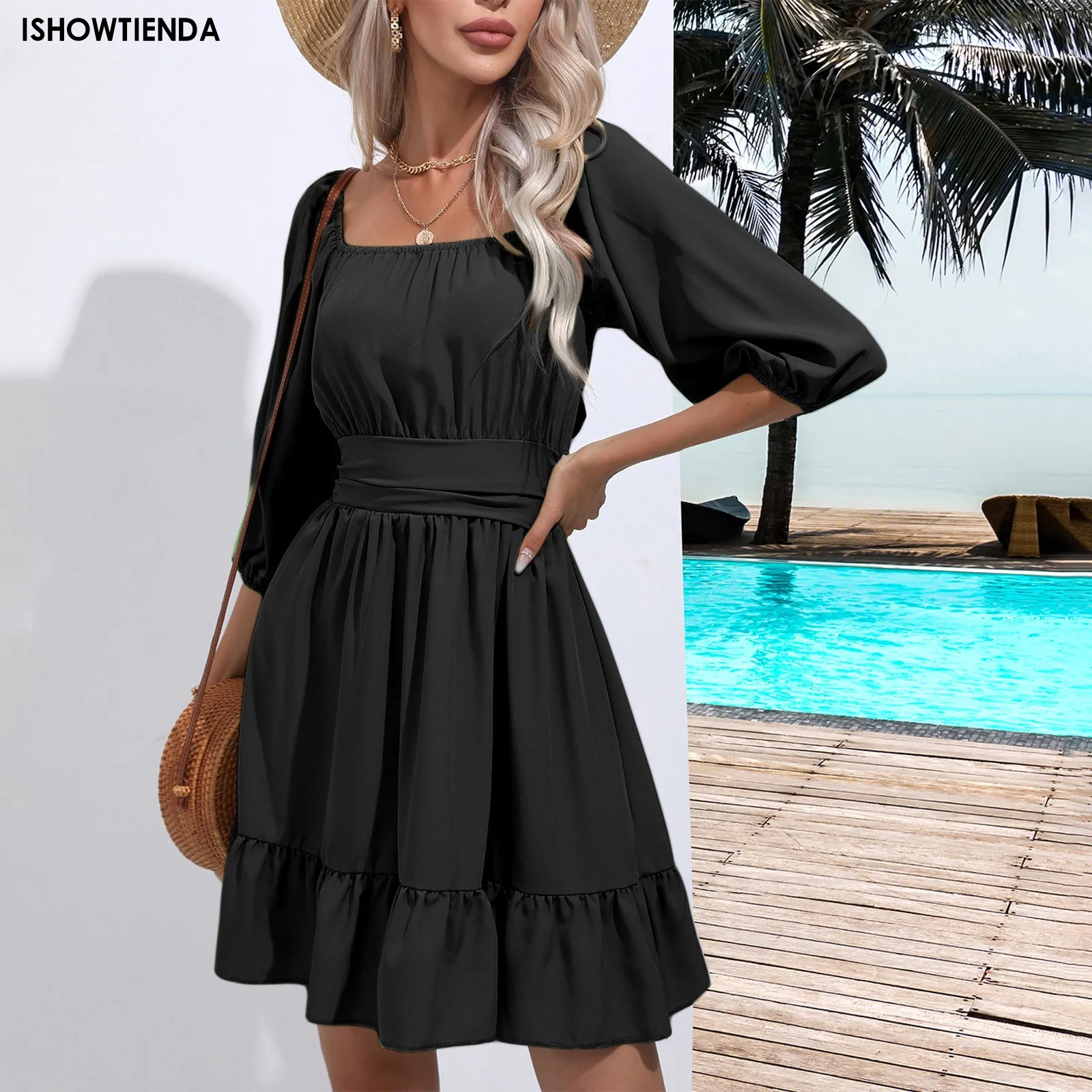 Summer Women Dresses Square Collar Bohemian Ruffles Elastic Above Knee Mini Dress Half Sleeves Vintage Gothic Dress Vestidos