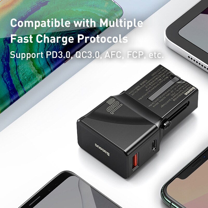 Baseus universele usb-lader 18w qc 3.0 pd3.0 snellader snel opladen 3.0 reis usb c internationaal stopcontact voor xiaomi
