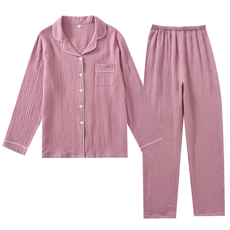 Lente En Herfst Mode Paar Pyjama Crêpe Katoen Ademende Broek Lange Mouwen Eenvoudige Effen Kleur Home Service Pak: Bean Paste Powder / XL