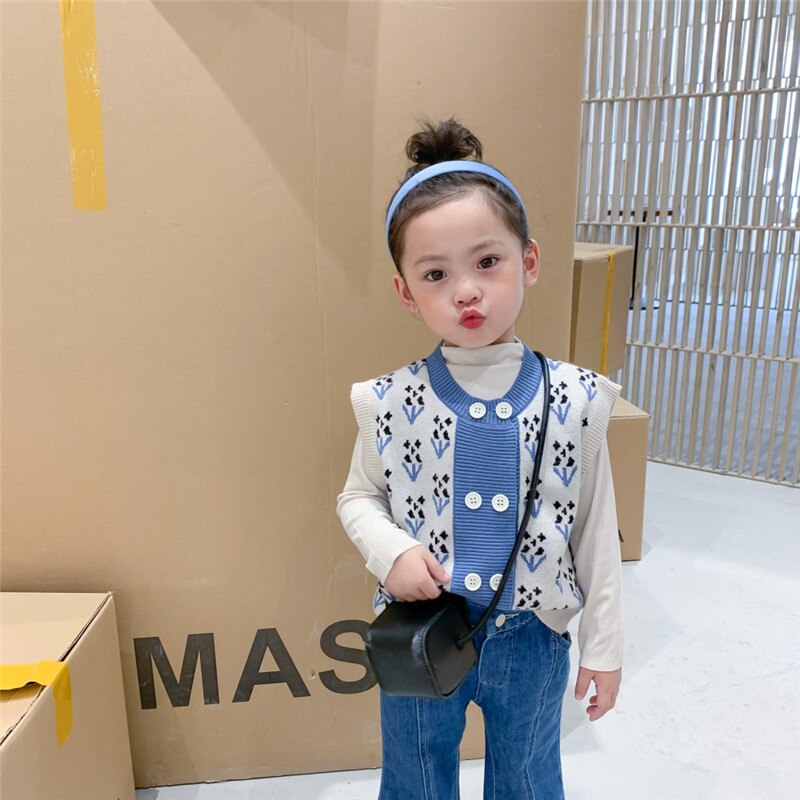 Populær koreansk babypiger retro vest blomst strikket cardigan børn dobbeltradet sweater vest