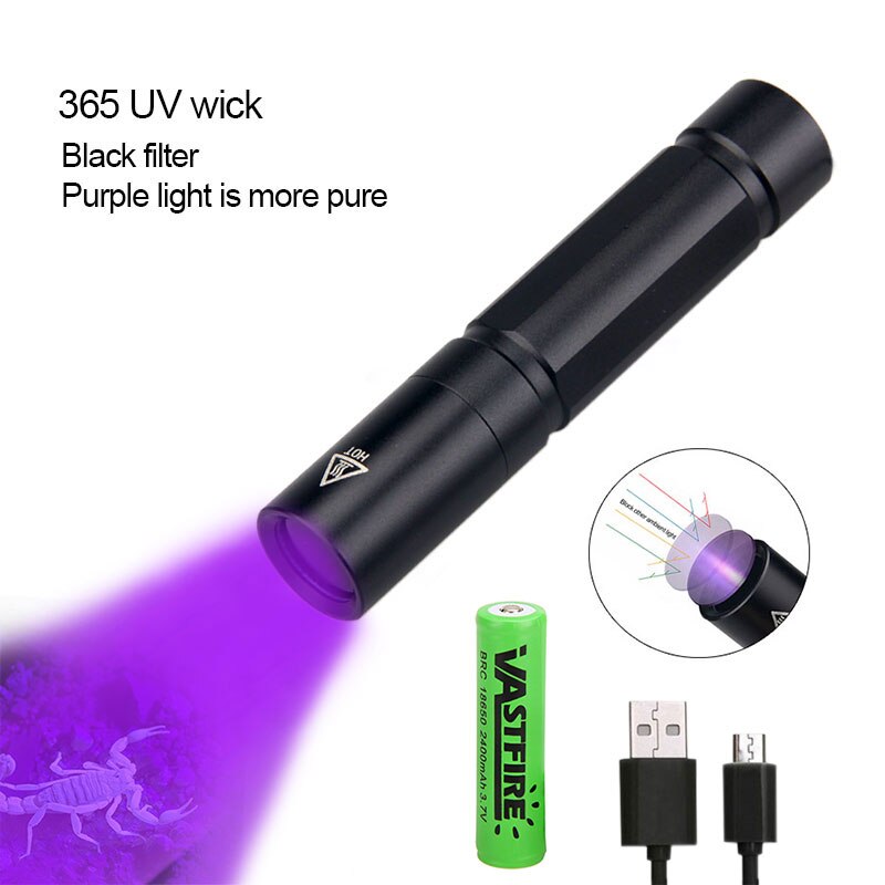 Mini linterna UV de 5W de 365nm, luz ultravioleta negra, linterna púrpura recargable vía USB, alfombra, Detector de orina de mascotas, escorpiones de captura: with battery