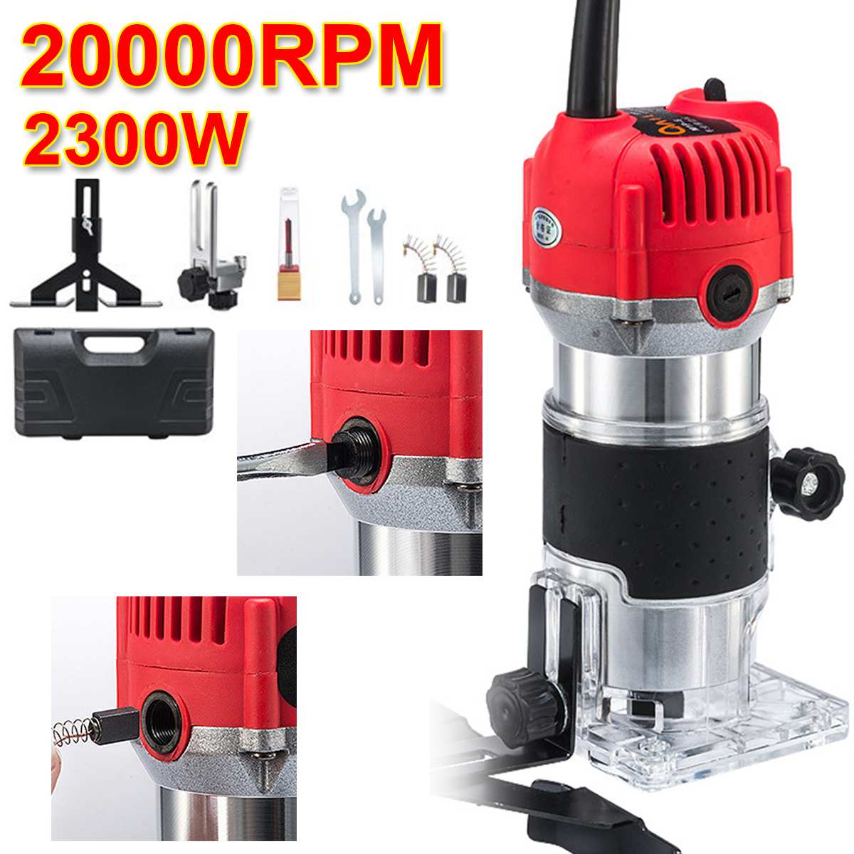2300w träbearbetning elektrisk trimmer 20000 varv / minut träfräsning gravyr slitsning trimning maskin snidningsmaskin träfräs + låda