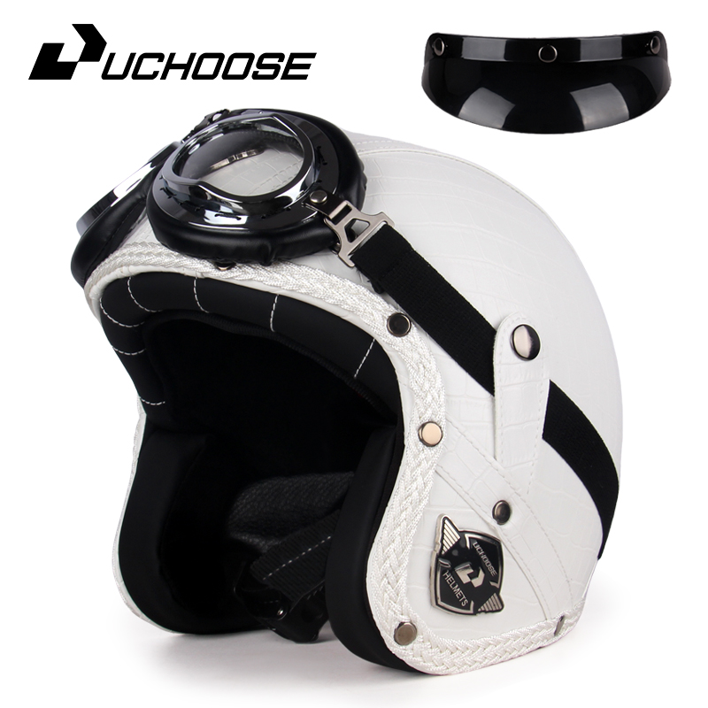 UCHOOSE retro Motorradhelm PU Leder offen Gesicht 3/4 Zerhacker Fahrradhelme klassisch Casco Moto Jahrgang