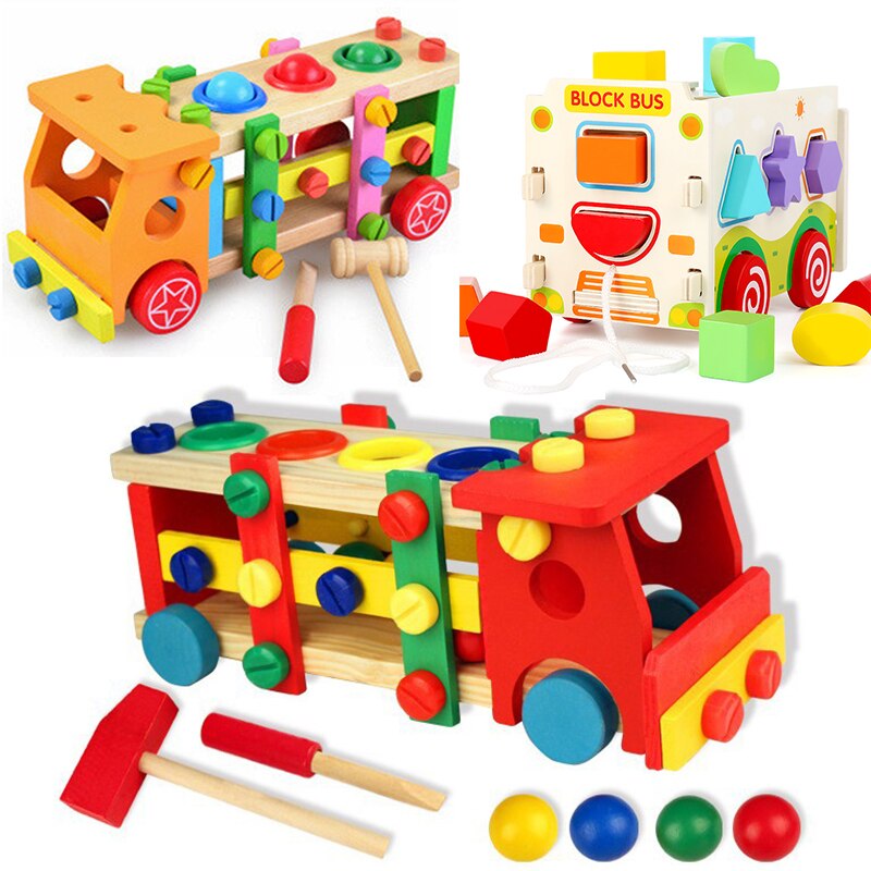 Baby Wooden Blocks Knock Toy Kids Tool Car Disassemble Table Games Learning Educational Cognitive Graphics Screw Assembly Toys