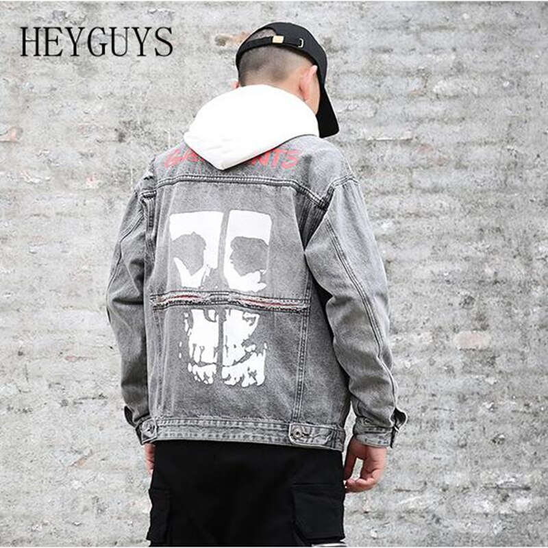 street broken cloth denim jacket retro wash water hole skull English print denim jacket jacket