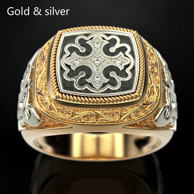 Hip Hop Men's Stainless Steel Golden Cross Ring Carving Pattern Party Jewelry Business Engagement Anniversary: 13 / A
