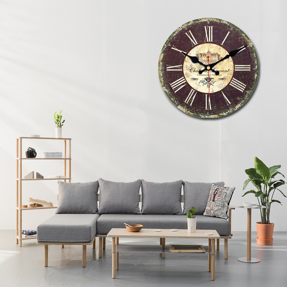 Vintage Tuscan Round Wall Clock Gray Red Quartz Battery Operated Shabby Clock Large Clock Retro Rustic Country Wooden Wall Clock