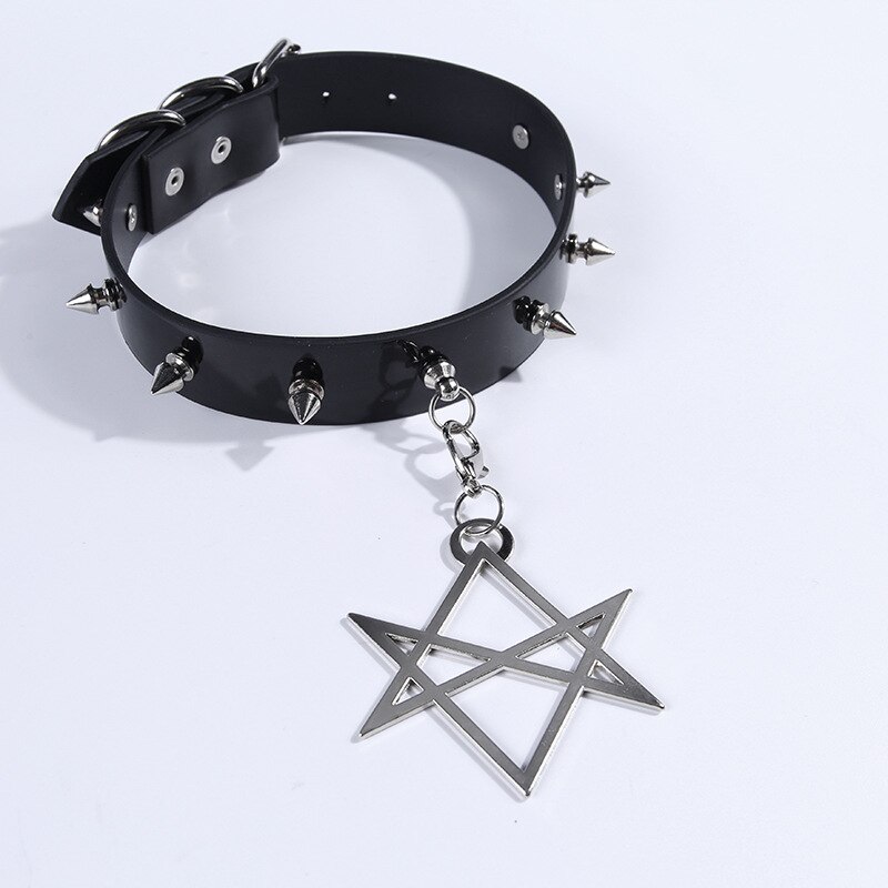 2 Pendants Gothic Choker Women Vintage Pentagram Hexagram Punk Goth Rivet Pu Leather Collar Choker Necklace