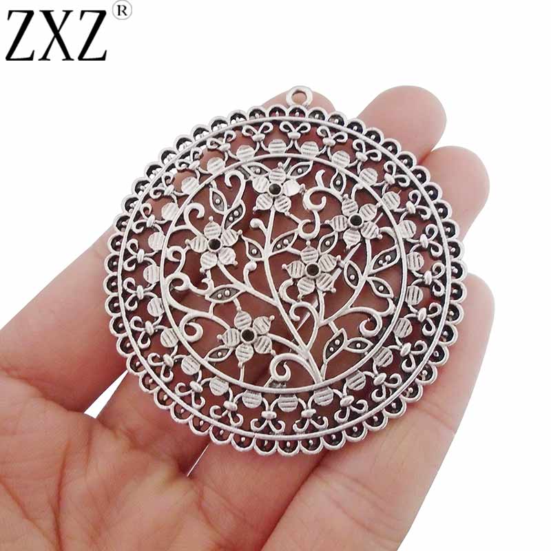 ZXZ 2pcs Grande Círculo Flor Filigrana Encantos Rodada Pingentes para Colar Jewelry Making Achados 55mm