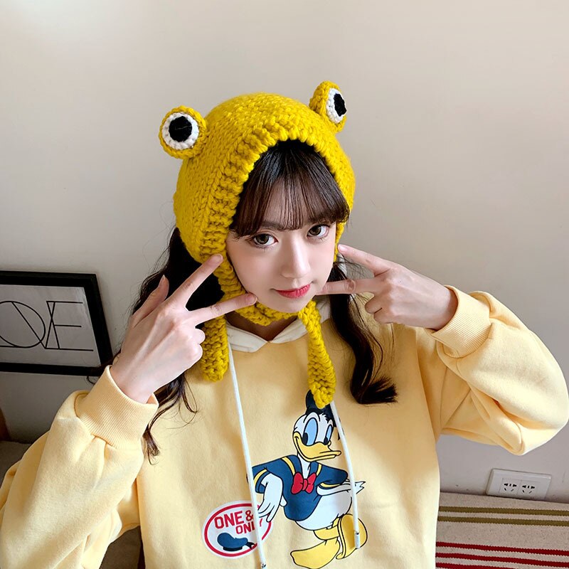 Gorro de punto de ganchillo para mujer, gorro bonito de rana, disfraz, de Hip-hop, accesorios de fotografía para de invierno: yellow