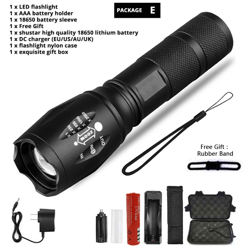 Z45 lampe de poche LED torche étanche Ultra lumineuse T6/L2/V6 zoomable 5 Modes de commutation 18650 batterie rechargeable pour le camping en plein air: Package E / V6-10000 Lumens