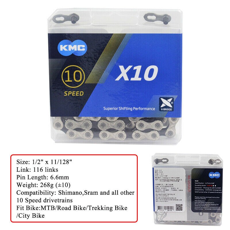 KMC Bike Chain 8/9/10/11 speed Chain MTB Bike Cassette Chains 116/118 Links Bicycle Parts Fits Shimano SRAM: X10