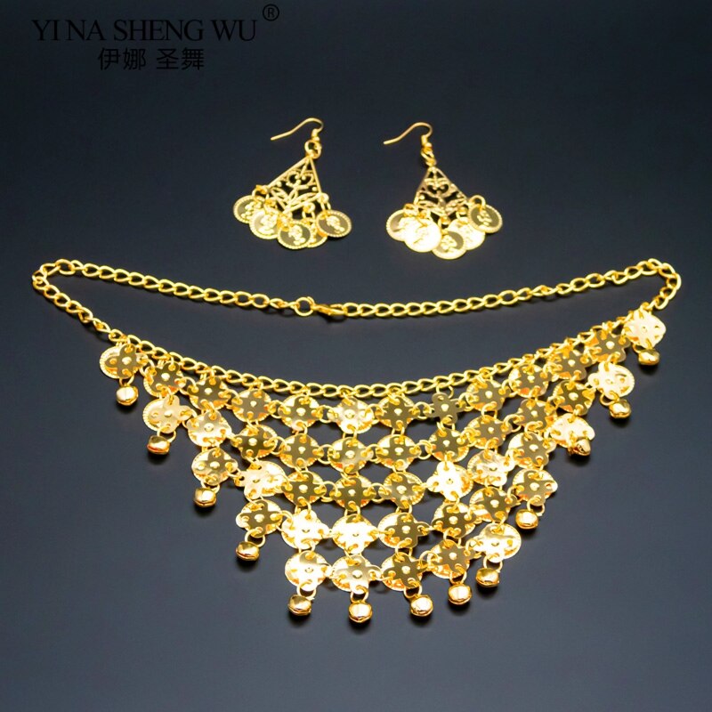 Conjunto de accesorios de danza del vientre para mujer, collar, pendientes, pulsera, juego de oro y plata, accesorio de danza del vientre, India,: Earrings-Necklace-B