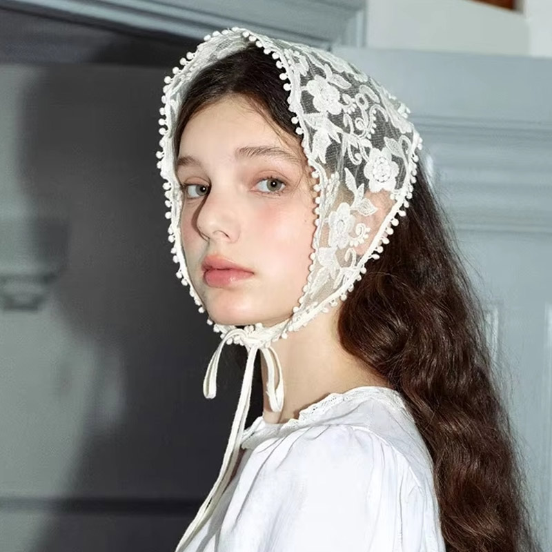 Franse beige bloemenkanten hoofddoek, lief en schattig, landelijke stijl, sjaal voor lente, zomer, kust, bos, foto's, hoofddeksel voor meisjes