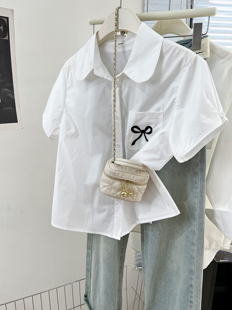 Camisa de manga curta feminina, arco doce coreano, blusa versátil fofa, blusa casual na moda, primavera e verão, nova: M / Branco