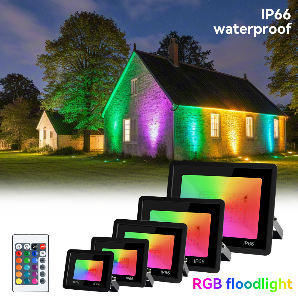 Rgb-flomlys 100w 50w 30w 20w 10w rgb-reflektor  ip66 vanntett led-spotlight 220v projektorlampe utendørs hagebelysning