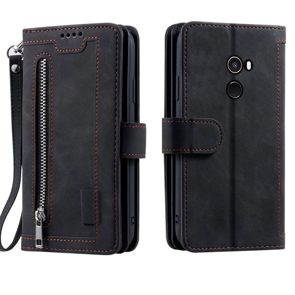 9 Kaarten Wallet Case Voor Xiaomi Mi Mix2 Telefoon Case Card Slot Rits Flip Folio Met Polsband Voor Xiaomi mi Mix 2: Black