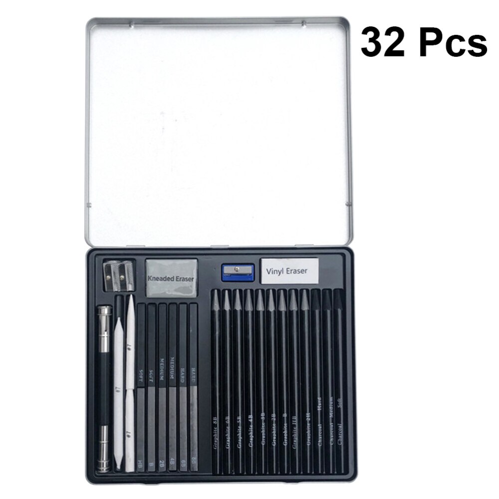 32 Pcs/1 Set Iron Box Sketch Pencil Eraser Kit Sketching Drawing Pencils Tools for Students School (Black)