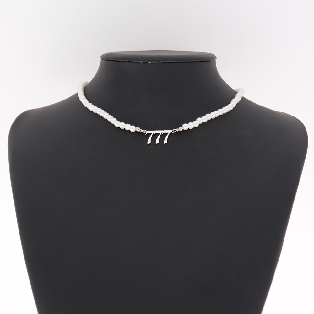 Edelstahl Engel Anzahl Halskette Perle Kette Choker 444 999 888 222 555 666 333 777 Boho Schmuck Teufel Colar gold Halsketten: Silver 777 Pearl