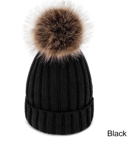 Evrfelan Bommel Wolle Winter Hütte Frauen Gestrickte Dicke Mütze Hüte für Damen Warme Schädeldecke Beanies Mädchen Motorhaube Gorro: Schwarz