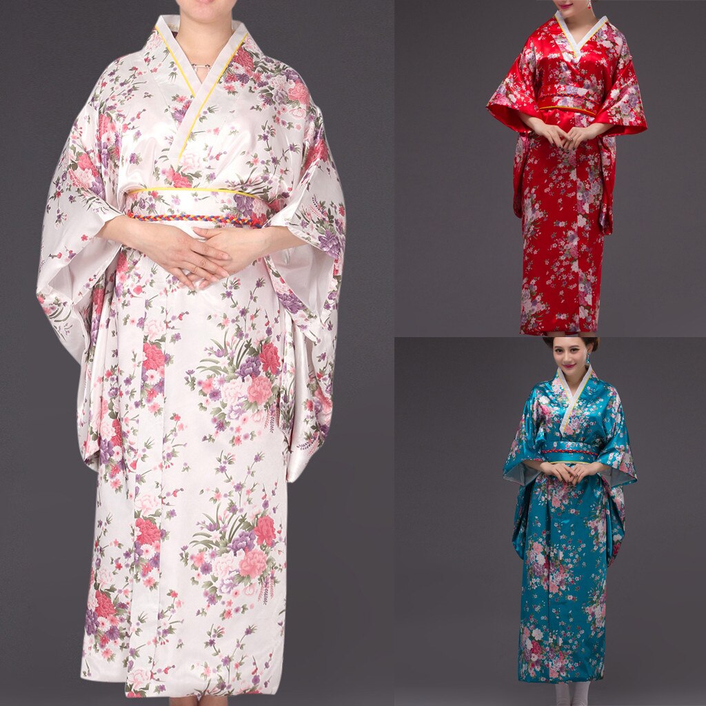 Modne sukienki luźna japońska satynowa sukienka sztucznego jedwabiu kimono z długim rękawem kobieta czerwony nadruk szlafrok szata tenisowa