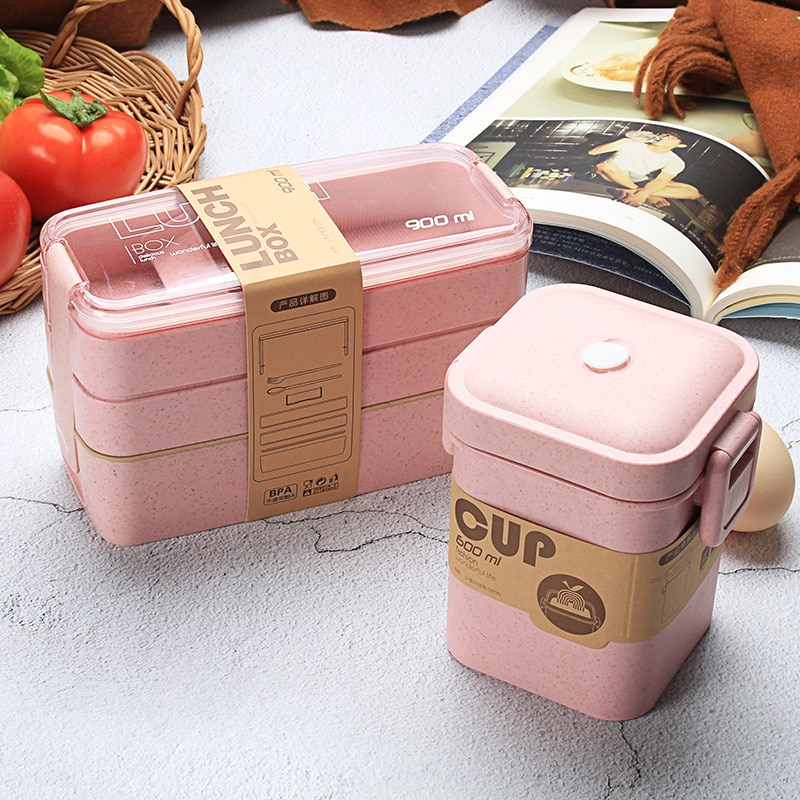 900Ml Lunchbox Food Grade Bento Box 3 Layer Tarwe Stro Bento Dozen Magnetron Servies Voedsel Opslag Voedsel Containers lunchbox