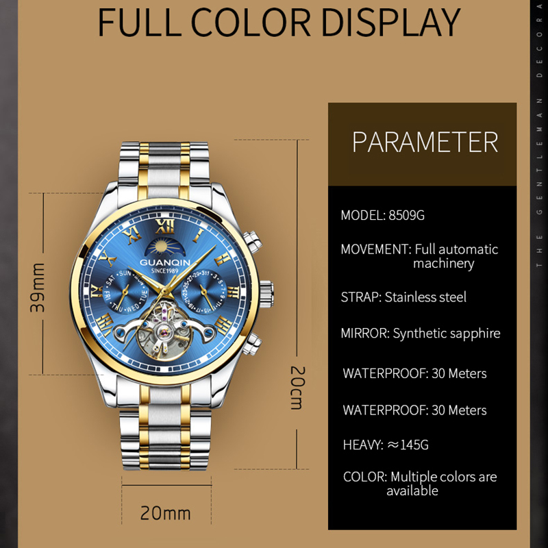GUANQIN-Reloj de GJ16149-Men, Tourbillon automático, mecánico, resistente al agua 30M, con caja de acero inoxidable luminosa