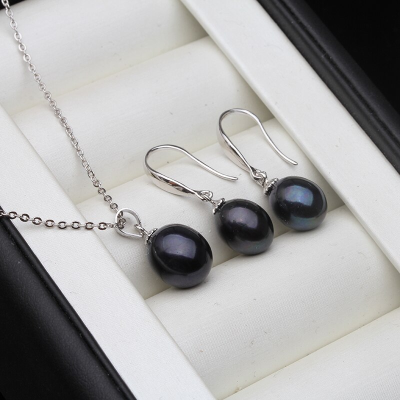 Pearl Jewelry Set Multi colour Freshwater Pearl Necklace Earrings 925 Sterling Silver Jewelry Set For Women: black pearl set