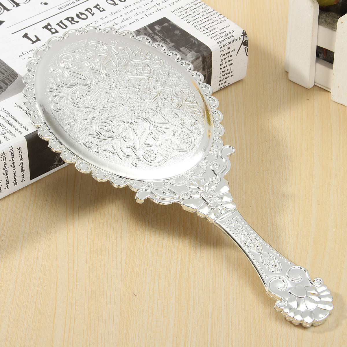 Espejo de plata con mango Vintage para mujer, maquillaje redondo ovalado, espejo de mano, maquillaje de princesa, de belleza