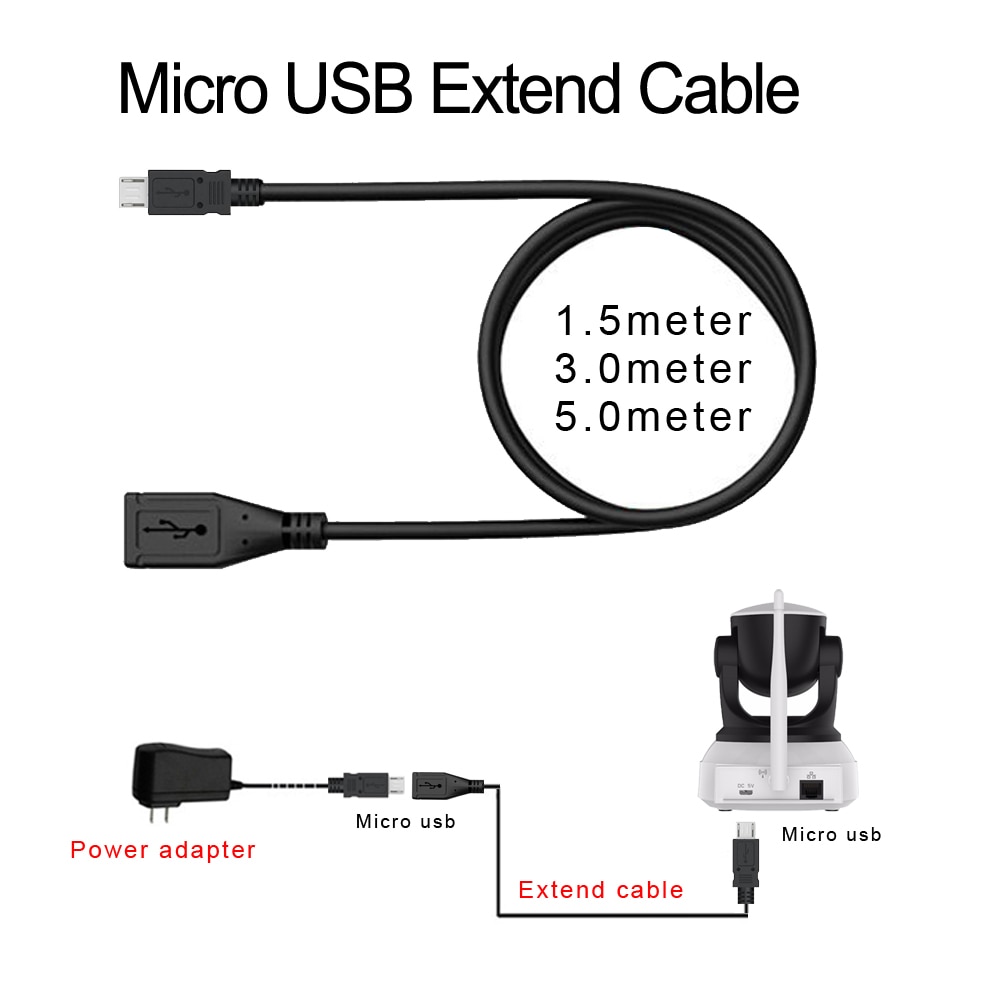 ESCAM Micro USB Extension Cable 5V2A Power Adapter Micro USB connector Extend Cord 1m 3m 5mr for IP Camere / Electronic products