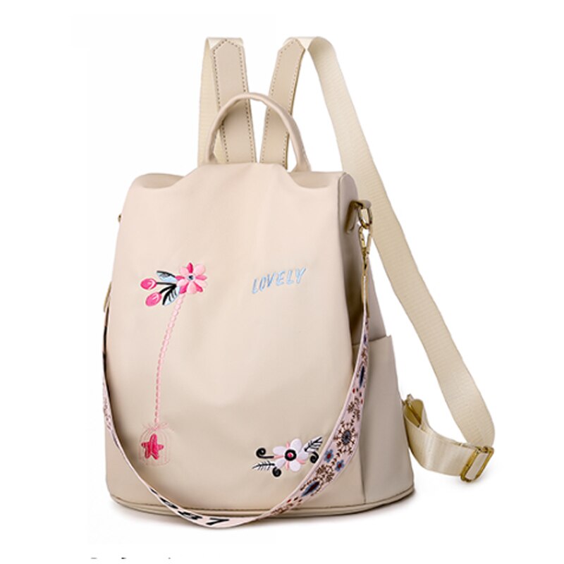 Puimentiua Oxford Women Backpack Floral Embroidery School Bags Waterproof Female Backpacks Teenage Girls: beige A